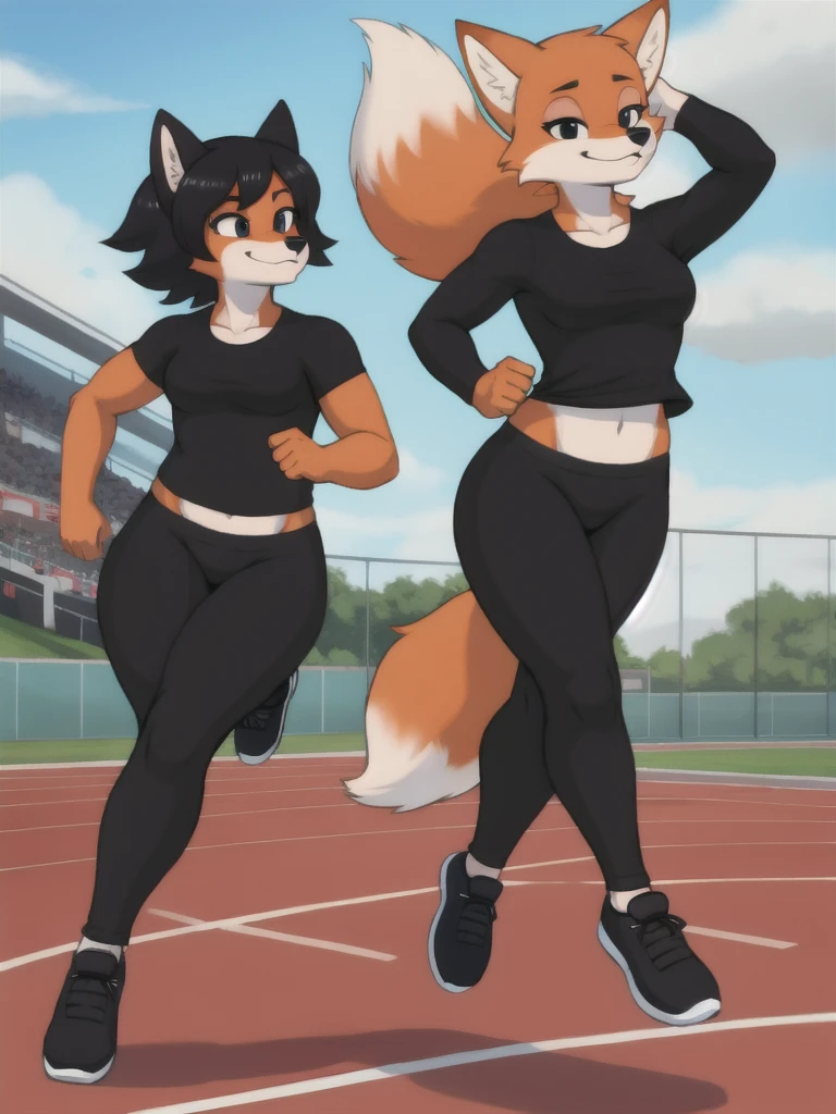 Furry, fox, female, black shirt, black leggings, shoes, running track, friends, full body