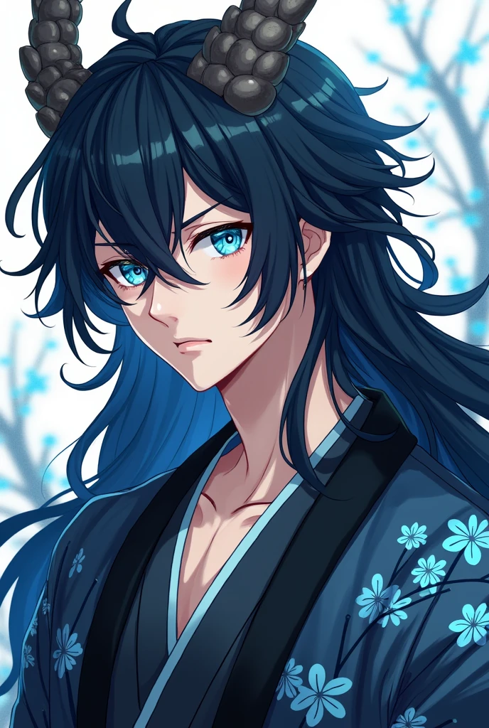 (handsome man with long black hair,Crystal Blue Eyes Japanese Dragon Hybrid,with tail and rounded horns like branches,black haori with sky blue cherry print,anime style blue scales )