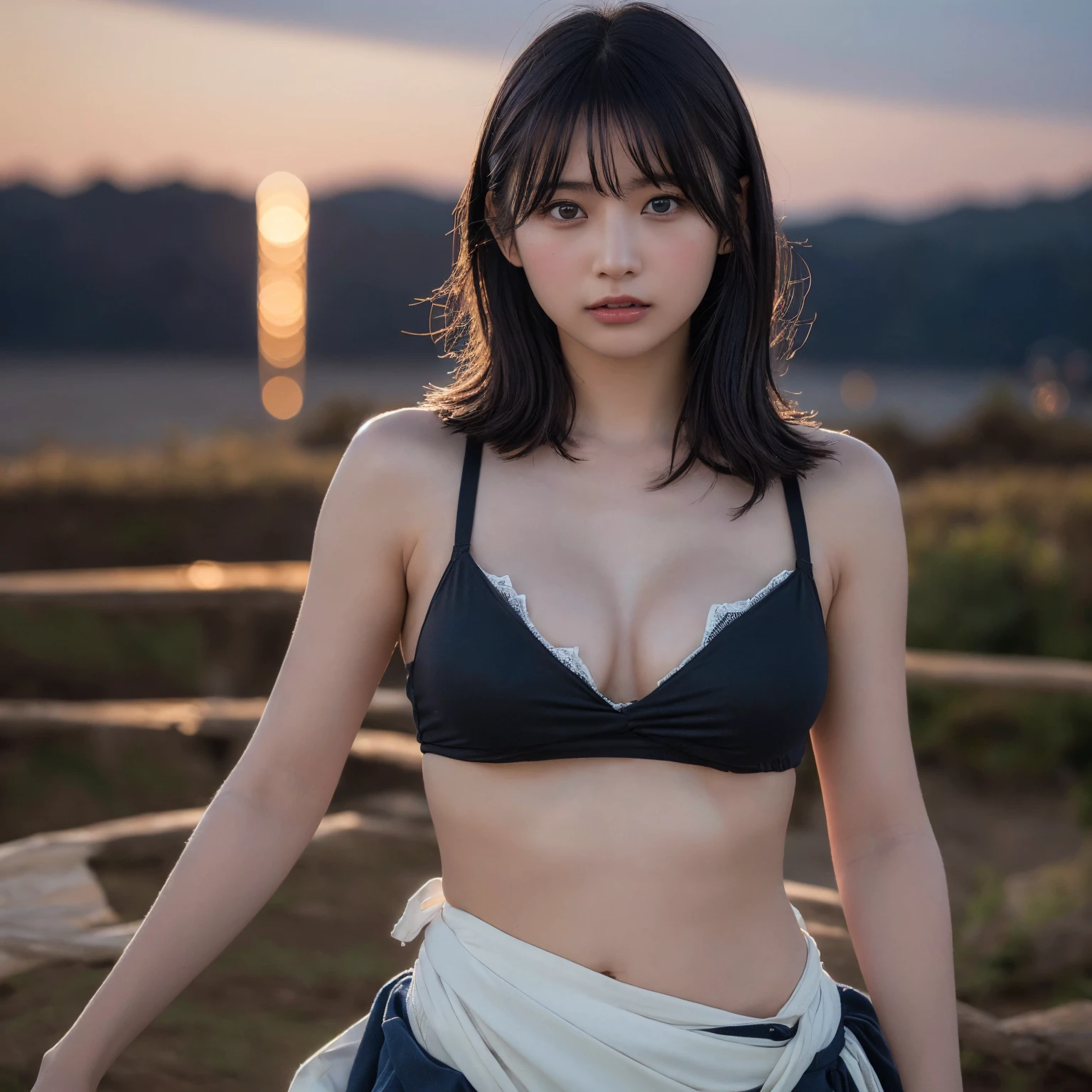 (Highest quality:1.4),(masterpiece:1.4),(Realistic:1.4),(Realistic:1.2),(超High resolution, RAW Photos:1.4),(High resolution, Very detailed:1.2),(8k:1.2),,check,a photo of a dark-haired,One Girl,alone,Big Breasts,((Upper Body:1.3)),Medium Hair,Background Blur、whole body、good、((Etchu loincloth))