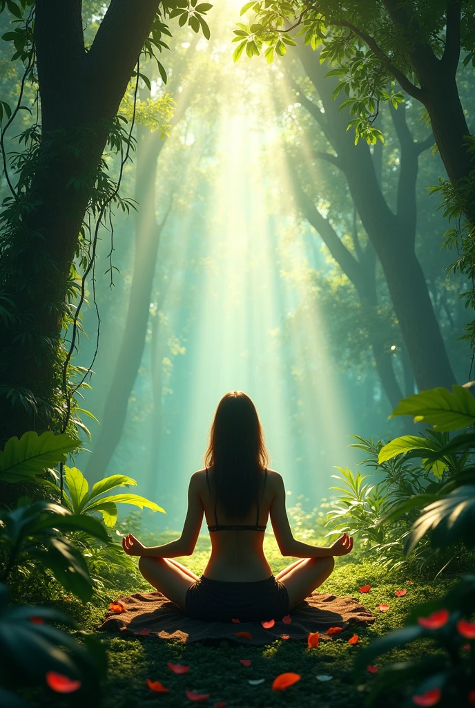 Namaste. Person meditating in the rainforest. Very detailed human anatomy. The image won major awards and was created for a magic and fantasy film. Conveys a feeling of great power and wisdom. Features cinematic lighting, well-defined details, the best quality, 16K,