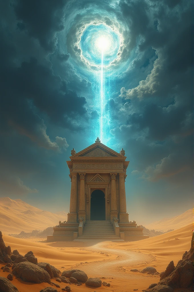 Imagine a tomb located in the middle of a vast and lonely desert. From the tomb, there is a light coming out from above, signifies the presence of spirits in the realm of Barzakh. In the sky, there are two symbols: bright light on one side (signifies heaven) and dark shadows on the other side (signifies hell).