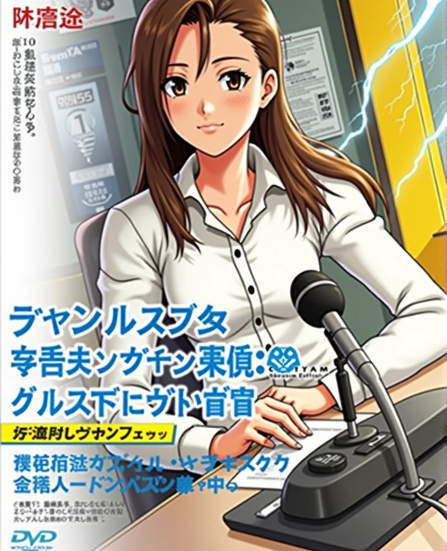 Woman sitting at a desk in front of a microphone, Instagram, Shinhanga, baseball stadium during a game, bright atmosphere, Tokyo Dome, covered!!, official media, Akira Toriyama, lightning!! (((photo, photorealism))) Adult video poster layout, (((on-screen text: "The current female announcer of that famous baseball team makes a shocking AV debut!!"))), (((DVD mark, Blu-ray mark))).
