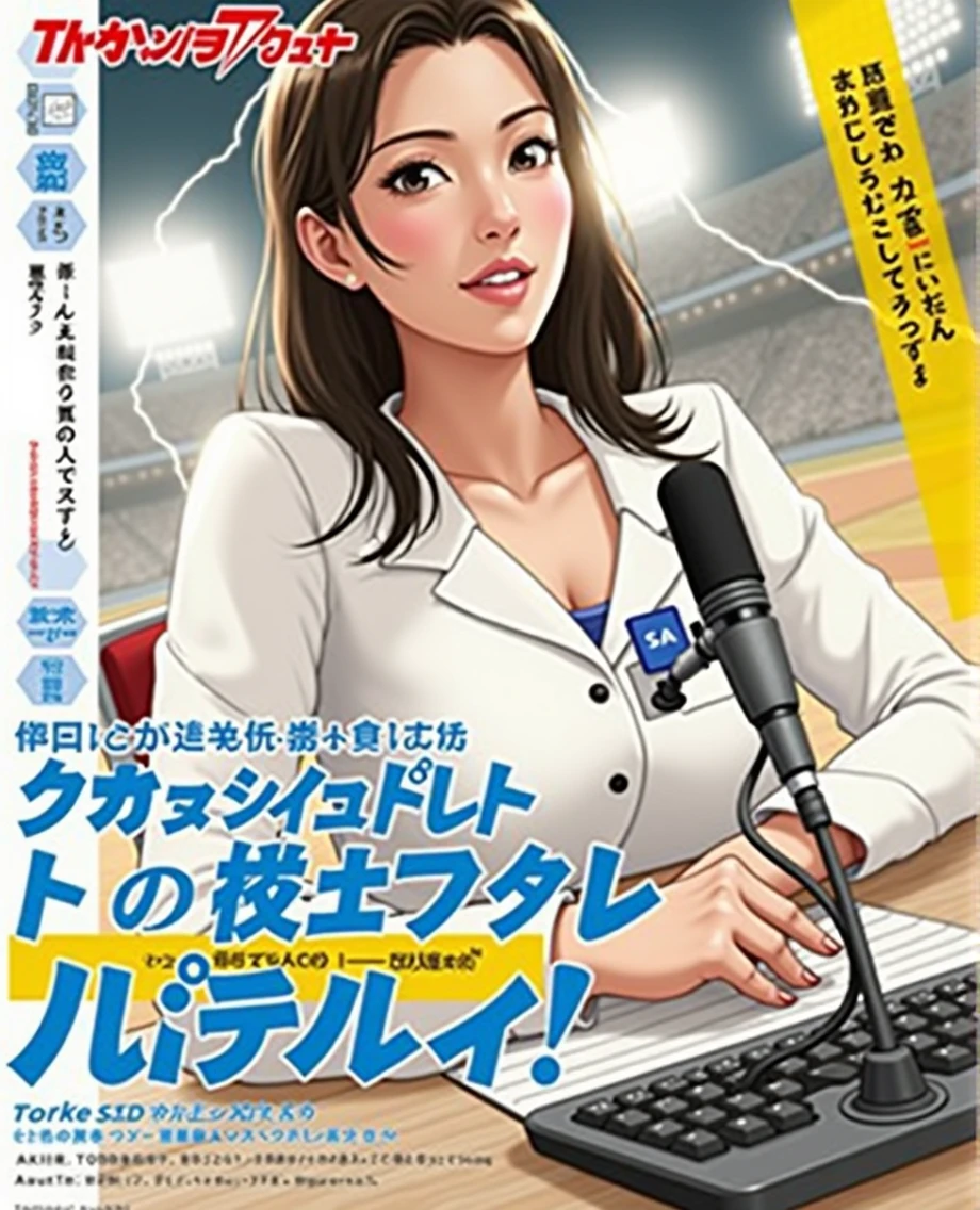 (((photograph、Realistic)))Woman sitting at a desk in front of a microphone, instagramart, Shinhanga, baseball stadium during a game, bright atmosphere, Tokyo Dome, covered!!, official media, toriyama akira, lightning!! (((photo, Photorealism))), adult video poster layout, text on screen: "female announcer Shocking AV debut!!", big breasted female porn actor, dynamic pose, happy expression, pure beautiful smile, intelligent face, slender curves, large breasts, (((DVD mark, Blu-ray mark))).