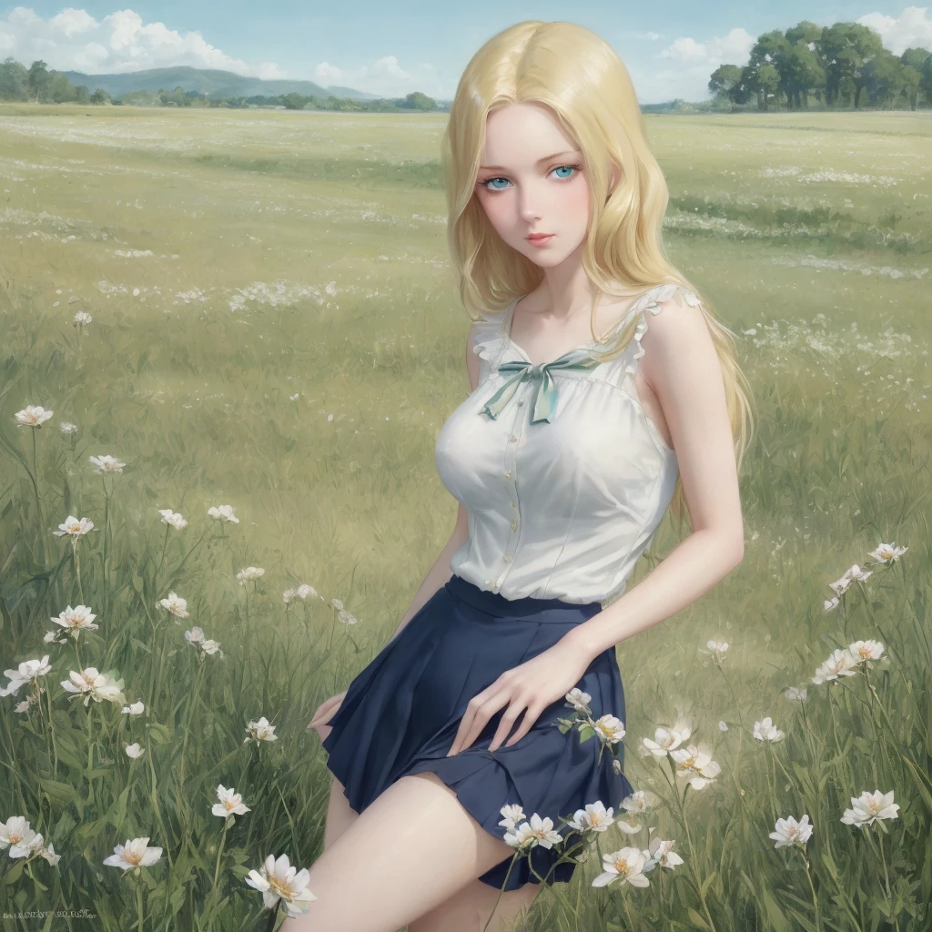 Many girls,group blonde, Green eyes, 1930s European style, high quality, full-body shot, 17 years old, Big breasts, 長腿 beauty的腿, Sailor Suit, Short top and short skirt lying on the grassland, blue sky , delicate eyes, Delicate lips, Extremely detailed face, long eyelashes, Elegant, beautiful, beauty, charming, Exquisite, Realism, 8k, best quality, masterpiece, Endless grassland,shy look