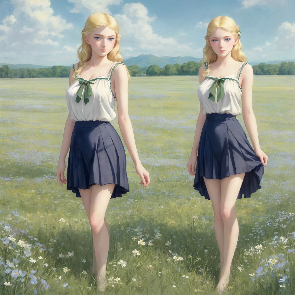 5 girls,Group long blonde hair, Green eyes, 1930s European style, high quality, full-body shot, , Big breasts, beauty的腿, Sailor Suit, Shoulderless blouse and short skirt lying on the flower field, blue sky , delicate eyes, Delicate lips, Extremely detailed face, long eyelashes, Elegant, beautiful, beauty, charming, Exquisite, Realism, 8k, best quality, masterpiece, Endless grassland,Shy look anatomically correct, accurate, high detail,