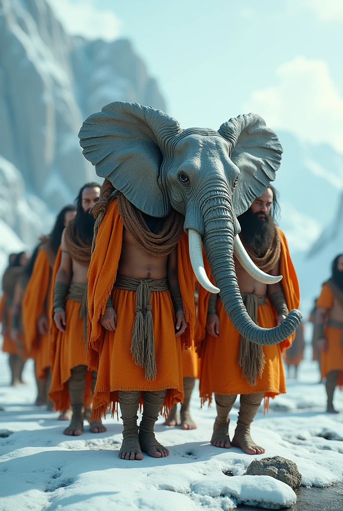 Few people of ice age with orange costumes carrying the head of a dead elephant