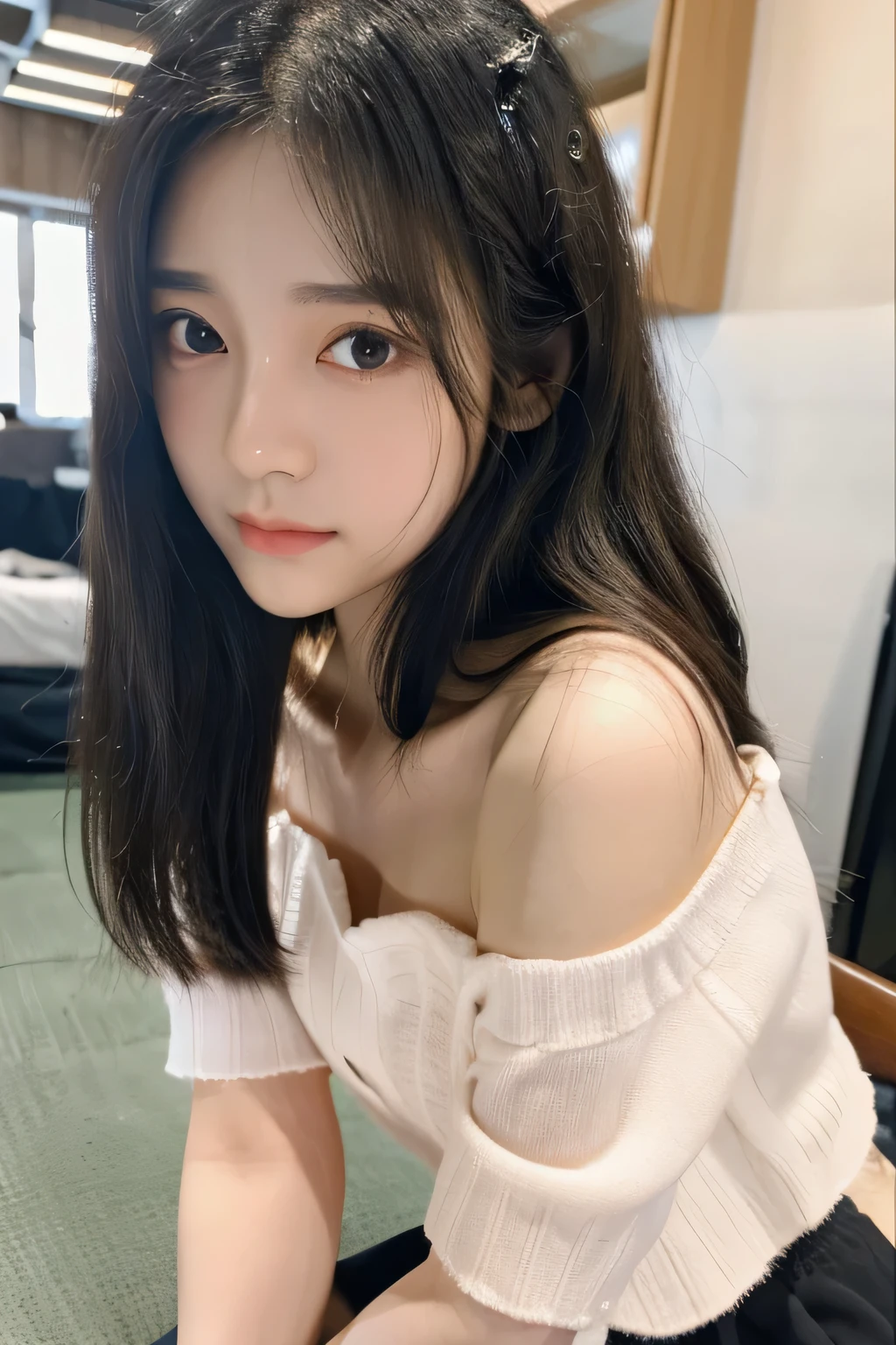student girl korean cute face model studio photo double background her home and full body detail ((Best quality, 8k, Masterpiece :1.3)), adorable, full body, ulzzang 1 girl, youthful, delightful cute face, random hair, black hair, detailed hair, random boyish outfit, aesthetic selfie, ultra-detailed face, perfect face, extremely perfection, detailed eyes, double eyelid, big doe-eyed, black eyes, straight nose, detailed nose, long eyelashes, detailed eyelashes, v-shape face, ullzang selfie, random pose, aesthetic pose, (random aesthetic background), iphone camera selfie