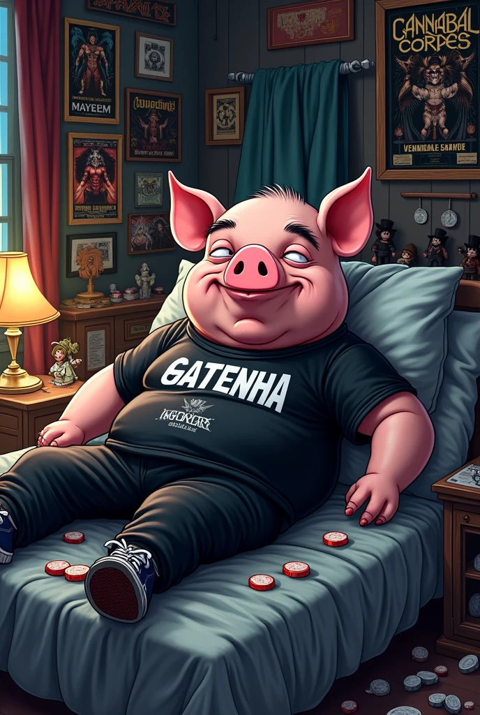 A pig drawn in cartoon art style. The drawing has to be ultra realistic and fun in 4k. A pig in his messy, dark room, with clothes and xanax tablets, messy death metal and black metal band outfits, posters de bandas com logos como bandas tipo Mayhem e Canibal corpse e black dahlia murder. But the bands are called Gatenha. The pig is on xanax, and with a black metal band shirt with the name Gatenha. The pig is high on benzodiazepines and his expression is relaxed and content., with swollen eyes. His eyebrows are thick and he is bald, in black pants and Vans sneakers. He is lying in bed lazily. His room is decorated with lich necromancer dolls, and rpg magicians
