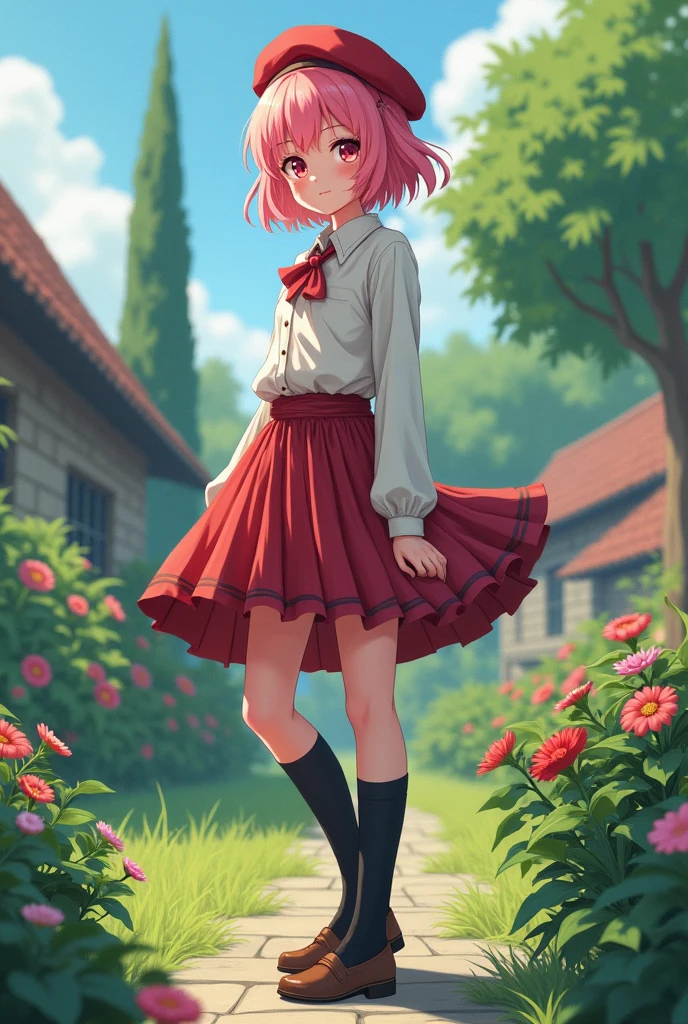 (absurdres, highres, ultra detailed, realistic),1 boy, 20 years old, pink hair, short hair, long skirt, long socks, black socks, beret,standing on a garden