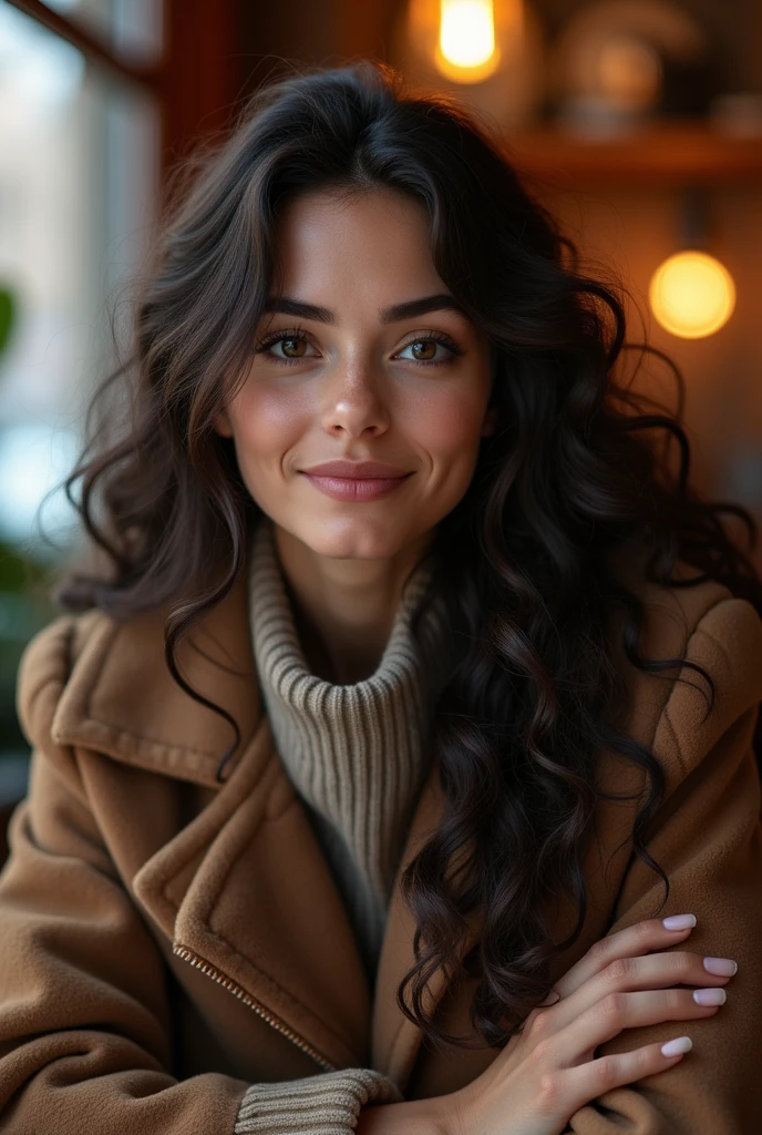 A Spanish girl , 18-age-old, beautiful girl ,in Madrid cafe, sitting pose, winter wears,(dark brown hair , brown eye, middle curl hair, smile ),noon ,(super detail, high details, high quality, accurate, anatomically correct, textured skin, beautiful fingers super detail, high details, high quality, best quality)