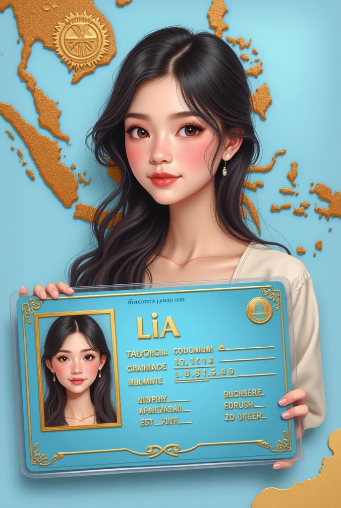 Indonesian electronic ID card, indonesia map background, sky blue base color, gold pieces, details of the name &#39;LIA&#39; and below other written details such as address, date of birth, hobby, there is a photo of a beautiful girl&#39;s identity, high detail , sharp, like real