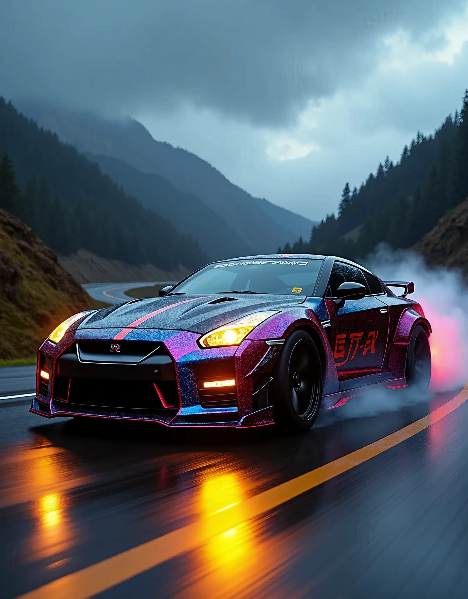 (masterpiece), best quality, ultra-detailed, 8K), 2024 GTR Nismo, street racing-inspired, Drifting inspired, LED, ((Twin headlights)), (((Bright neon color racing stripes))), (Black racing wheels), Wheel spin showing motion, Show car in motion, Burnout, wide body kit, modified car, racing livery, masterpiece, best quality, realistic, ultra highres, (((depth of field))), (full dual color neon lights:1.2), (hard dual color lighting:1.4), (detailed background), (masterpiece:1.2), (ultra detailed), (best quality), intricate, comprehensive cinematic, magical photography, (gradients), glossy, Drifting, going fast, night, bright yellow headlights, setting USA Oregon's Mountain roads, No text on signs, Late night time, Set in a rain storm with lightning,1 car., Nature, model shoot style, Fast action style, Sideways drifting in to a turn, Red and black cars, Night with galaxy sky, Fast action style, fire out of tail pipes, Sideways drifting in to a turn, Neon galaxy metallic paint with race stripes, aesthetic, intricate, realistic, cinematic lighting, Neon Paint, streaks of fire,