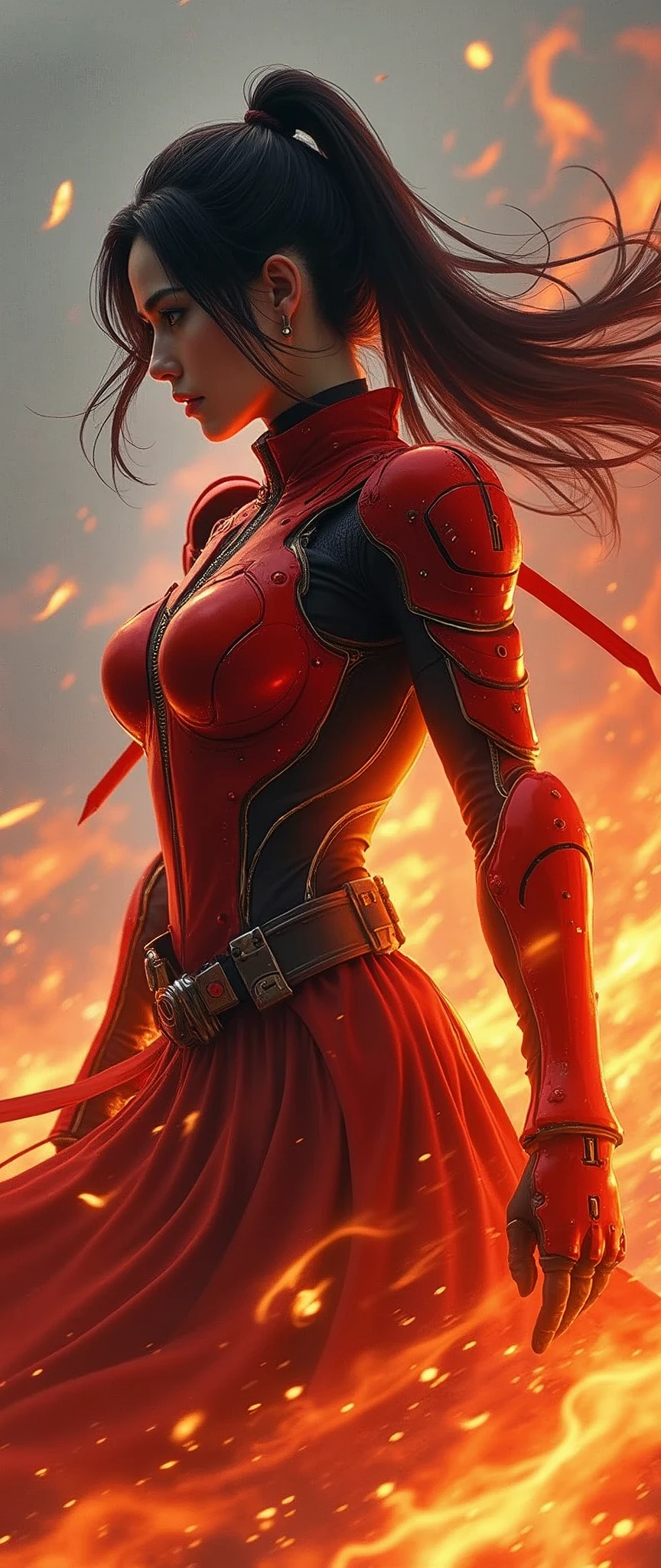 (masterpiece:1.2, Highest quality,High resolution,Very detailedな),8k,wallpaper,(Very detailed),(Armored Core Style),Woman in ninja robot armor,Black Hair,Random Hairstyles,(Flame Ninja),(Red body),(Detailed face:1.3),(Detailed body:1.3),(Cowboy Shot:1.6),(The background is a translucent dragon and heat haze made of summoned flames..:2.0),Hair blowing in the wind,cyber punk,(dynamic),(Preparing for battle,Summon Ninjutsu,The electronic parts of the armor glow..:1.6),(Fine hand:1.6),(Flashy special move effects:2.0)