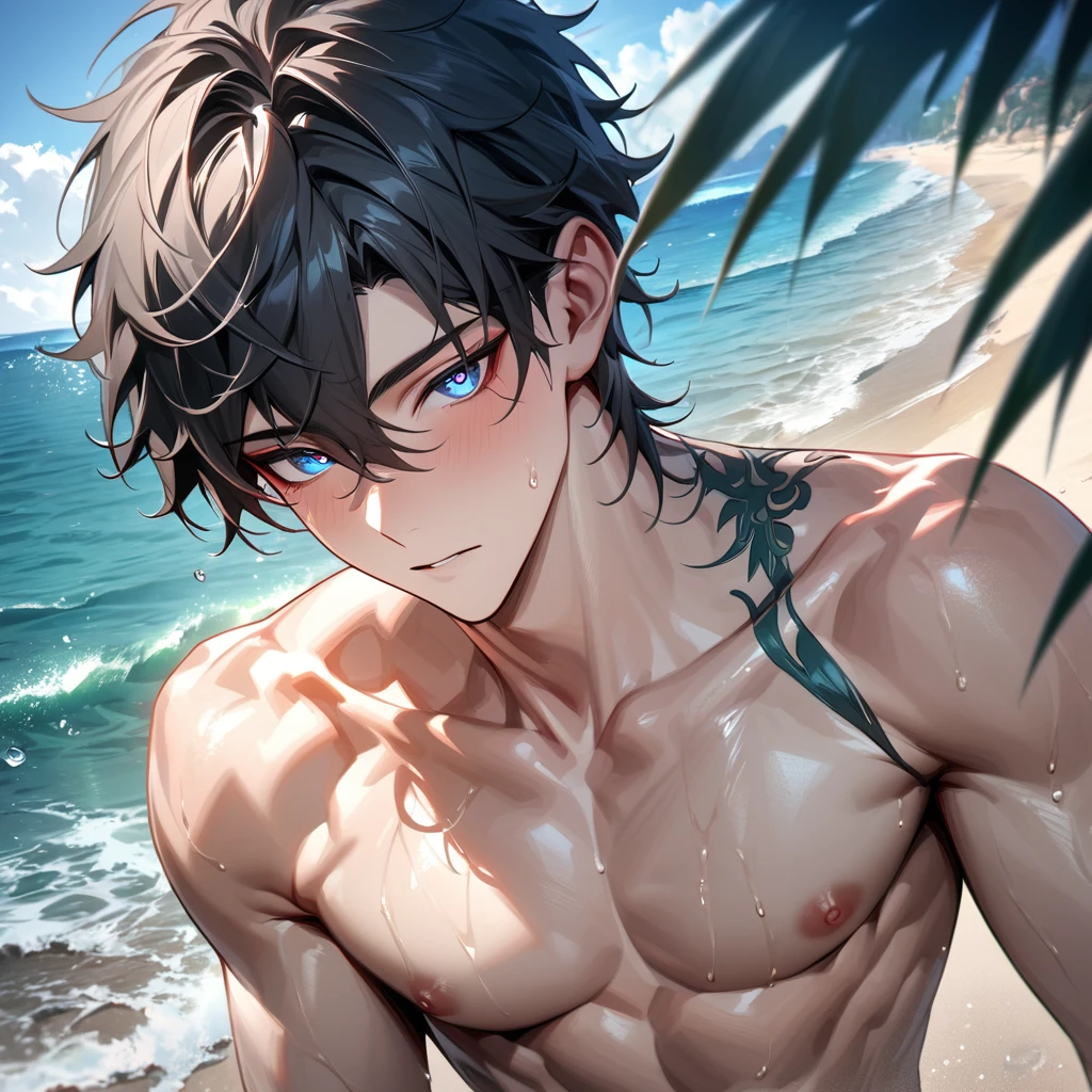 absurdres, highres, ultra detailed, HDR, master piece, best quality, detailed eyes, extremely detailed, delicated features, Dan Heng, black hair, expressive blue eyes, Honkai Star Rail, solo, sexy man, handsome, sensual, toned chest, bare chest, summer, sea, beach, blue sky