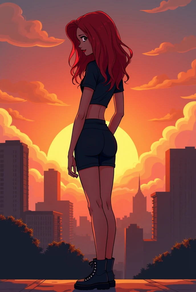 ((best illustration)) Brazilian girl, red hair, age body, black top, black tight skirt, black boot, urban landscape, building, skyline, sunset, silhouette against the clouds, contemplative.