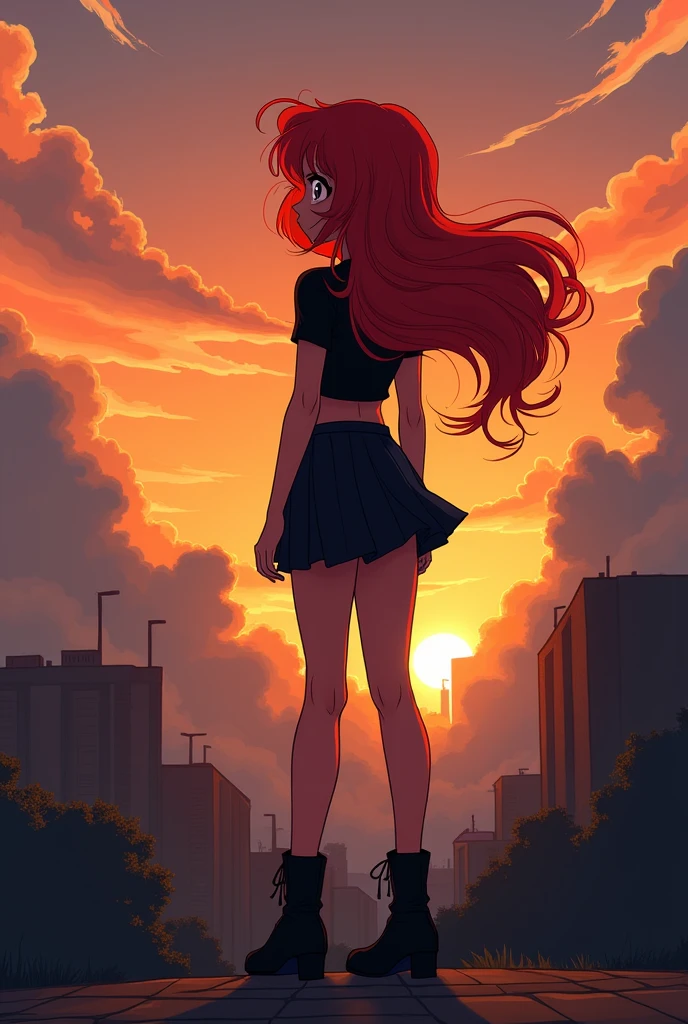 ((best illustration)) Brazilian girl, red hair, teenage body, black top, black tight skirt, black boot, urban landscape, building, skyline, sunset, silhouette against the clouds, contemplative.  