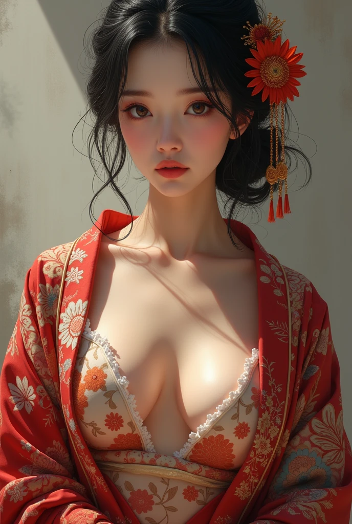beautiful japanese woman with big breasts in revealing kimono
