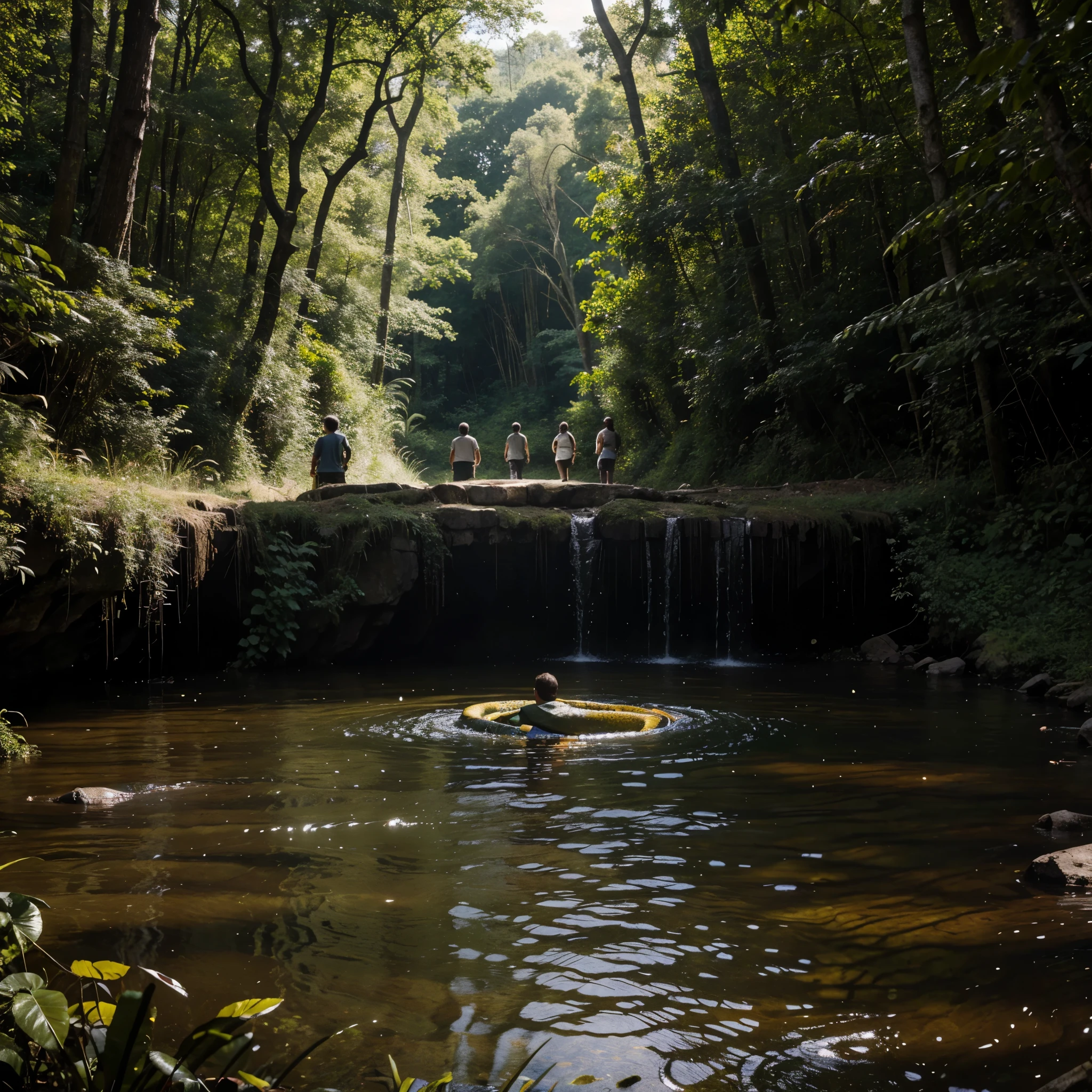 A group of treasure hunters walk along a riverside in a dense forest, unaware that a huge anaconda is swimming underwater, silently passing under their bodies. The atmosphere around them is filled with tension and dread. The slight ripples from the giant anaconda's movements create a sense of danger that is unknowingly creeping in, making the excitement of this scene even more intense.