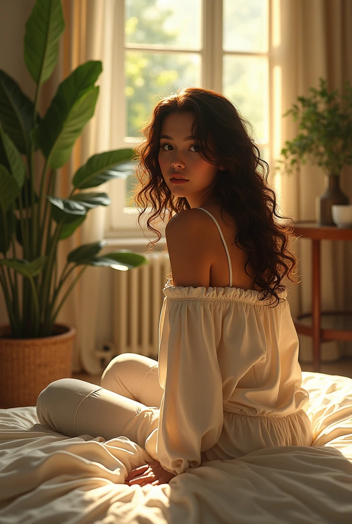 (photorealism:1.2), beautiful woman, sitting on bed, wearing loose off-shoulder top, pajama pants, long curly hair, indoors, soft lighting, plants in background, window with sunlight, cozy room, relaxed pose, realistic, intricate details, warm colors, by Greg Rutkowski, by Alphonse Mucha