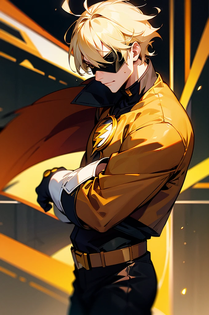 blonde hair, short hair, serious face, short hair, messy hair, street background, mature male, lean build, white and gold super hero outfit, golden mask covering eyes, flash symbol on shirt, big flash symbol, smirking, orange lighting around person
