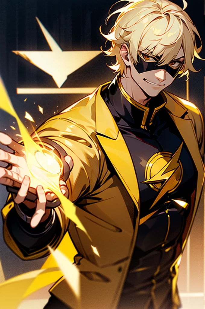 blonde hair, short hair, serious face, short hair, messy hair, street background, mature male, lean build, white and gold super hero outfit, golden mask covering eyes, flash symbol on shirt, big flash symbol, smirking, orange lighting around person
