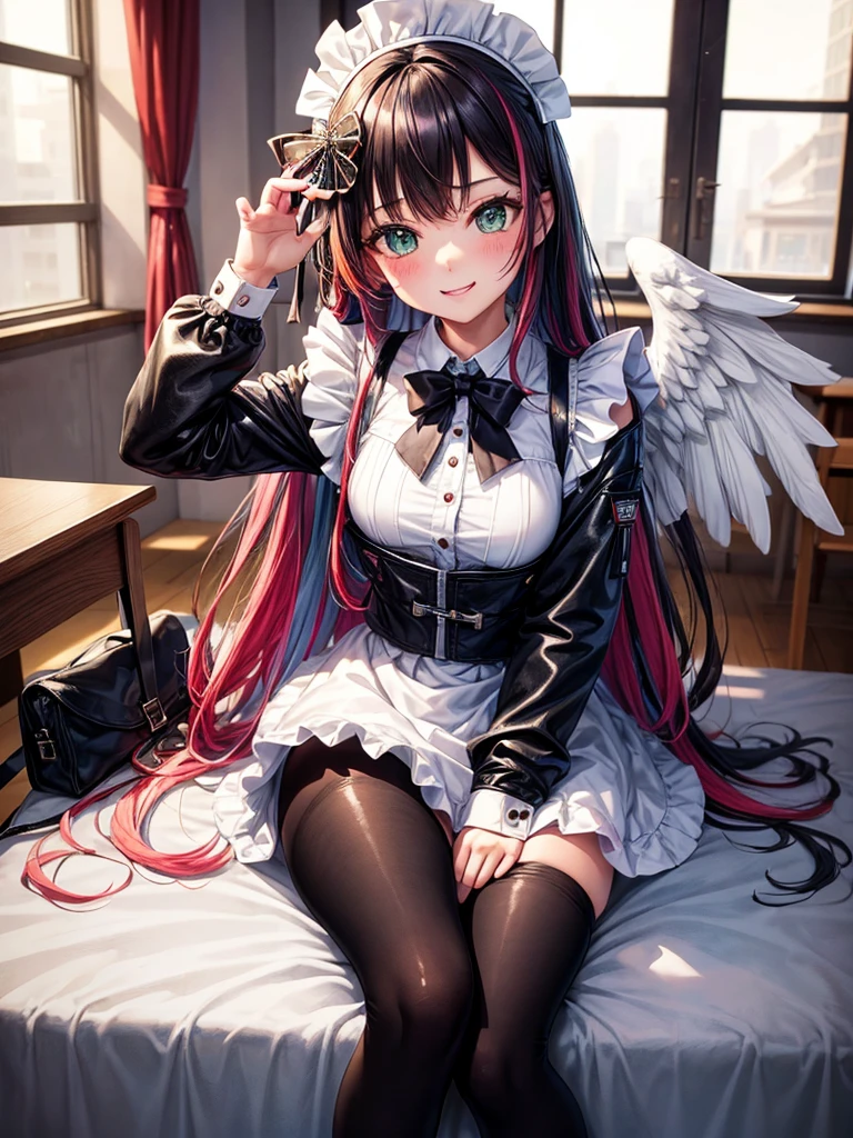middle School girls,smile,Best Quality,High-dimensional beautiful girl,Multidimensional beautiful girl,Several girls are depicted,Maid clothes,cuteMaid clothes,8k,Highest quality,Long Hair,cute,fluffy,Angel,新しいMaid clothes,Latest Fashion,Long Hair,Green Eyes,Beautiful feet,The top of beautiful girls,School,classroom,perfection,masterpiece,Have sparkling eyes,tights,Horny girl,Naughty Girls,美しいcute女の子,Horny girl,Beautiful girl,leather jacket,Latest Fashionコーデ,Multicolored hair colors,Latest Fashion, girl,