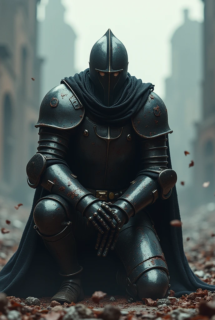 Bloddy black Knight in the midst of the apocalypse with broken armor and on his knees and it says "The Last Strongest Man" at the top