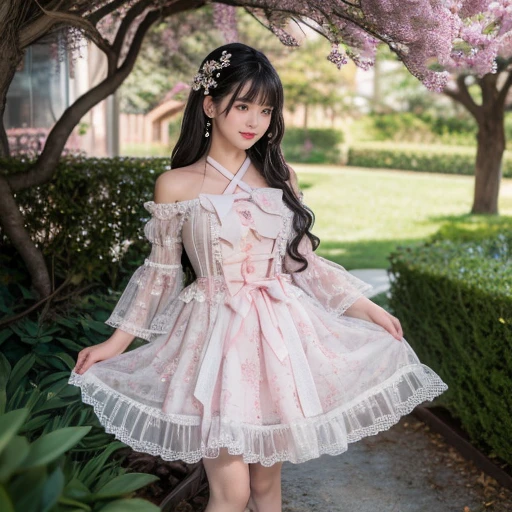 best quality, Delicate face，beautiful visual work, lifelike, eternity, black hair, Long curly hair, blunt bangs, Smile, Detailed Background, Delicate face，blush，cold，((masterpiece))、(top quality)、8k、high detail、Super detailed，31-year-old female，lolita dress, layered dress, Lots of bows on the dress,Pink dress,masterpiece、born、Scenes resembling fairy tale illustrations、intricate details和複雜的設計、Beautifully、magic、capricious、 Beautifully、Dream aesthetics、「𝓡𝓸𝓶𝓪𝓷𝓽𝓲𝓬、ethereal、charming、fickle、magic」、realism、Visual effects、FXAA、SSAO、Shader、voiceless、ambient lighting、Tone mapping、High resolution、Ultra high quality、Million pixels、(8K resolution:1.10)、8k、8k以下、8K resolution、high detail、intricate details， (high quality:1.2、masterpiece:1.2、:1.21)、(31-year-old female:1.21)、(興奮地Smile)、(被dreamy atmosphere所包圍、Model diagram，full-body shot，Normal 2 feet，Put your hands behind you，The protrusion of the breast is visible when wearing clothes, Large Breasts, H cup chest, in the garden,
Pink skirt, Pink loli dress, layered skirt, Lolita style long skirt,layered dress lace-trimmed 裙子, decorate, lace, Long sleeve, Puff sleeves, Wide sleeves, Transparent sleeves, Detailed Background, White knee socks, pink shoes，Lots of lace，((​masterpiece))、(top quality)、8k、high detail、Super detailed、穿着Pink loli dress((dreamy atmosphere:1.1))，masterpiece、born、Scenes resembling fairy tale illustrations、intricate details展示了洛麗塔連身裙的荷葉邊和複雜的設計，Baotou shoes