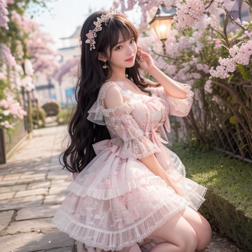 best quality, Delicate face，beautiful visual work, lifelike, eternity, black hair, Long curly hair, blunt bangs, Smile, Detailed Background, Delicate face，blush，cold，((masterpiece))、(top quality)、8k、high detail、Super detailed，31-year-old female，****ta dress, layered dress, Lots of bows on the dress,Pink dress,masterpiece、born、Scenes resembling fairy tale illustrations、intricate details和複雜的設計、Beautifully、magic、capricious、 Beautifully、Dream aesthetics、「𝓡𝓸𝓶𝓪𝓷𝓽𝓲𝓬、ethereal、charming、fickle、magic」、realism、Visual effects、FXAA、SSAO、Shader、voiceless、ambient lighting、Tone mapping、High resolution、Ultra high quality、Million pixels、(8K resolution:1.10)、8k、8k以下、8K resolution、high detail、intricate details， (high quality:1.2、masterpiece:1.2、:1.21)、(31-year-old female:1.21)、(興奮地Smile)、(被dreamy atmosphere所包圍、Model diagram，full-body shot，Normal 2 feet，Put your hands behind you，The protrusion of the breast is visible when wearing clothes, Large Breasts, H cup chest, in the garden,
Pink skirt, Pink **** dress, layered skirt, ****ta style long skirt,layered dress lace-trimmed 裙子, decorate, lace, Long sleeve, Puff sleeves, Wide sleeves, Transparent sleeves, Detailed Background, White knee socks, pink shoes，Lots of lace，((​masterpiece))、(top quality)、8k、high detail、Super detailed、穿着Pink **** dress((dreamy atmosphere:1.1))，masterpiece、born、Scenes resembling fairy tale illustrations、intricate details展示了洛麗塔連身裙的荷葉邊和複雜的設計，Baotou shoes