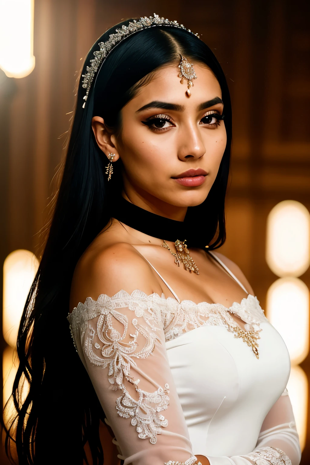 realistic portrait of an extremely beautiful Salvadorean woman, wearing a tight black Nadia Long Sleeve Scoop Back Midi Dress, wearing a choker, detailed facial features, piercing eyes, wearing a headdress, elegant long eyelashes, beautiful lips, delicate nose, intricate jewelry, dramatic lighting, highly detailed, photorealistic, 8k, cinematic composition, dramatic pose, masterpiece