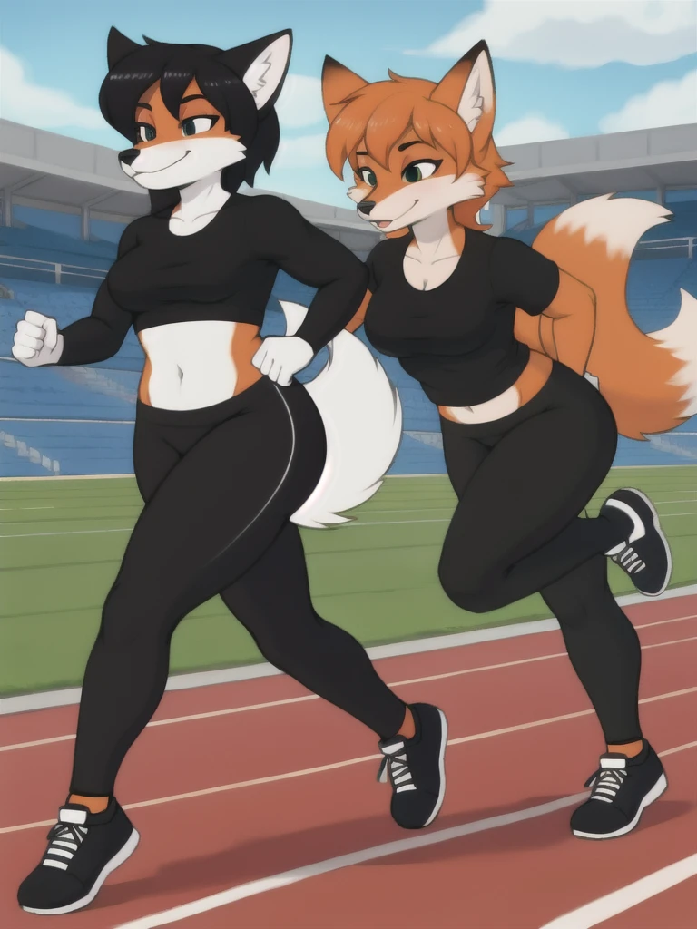 Furry, fox, female, black shirt, black leggings, shoes, running track, friends, full body