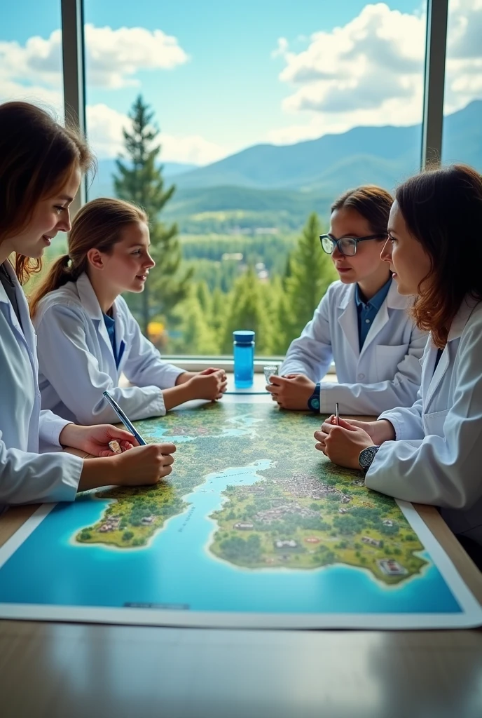 On a table a. Group of 4 scientists two young girls and one mature woman and a woman with loose hair looking at a large illustrated map with landscapes like, mountains, a town and city and forests without sea. With a landscape in the background as if they were in a laboratory