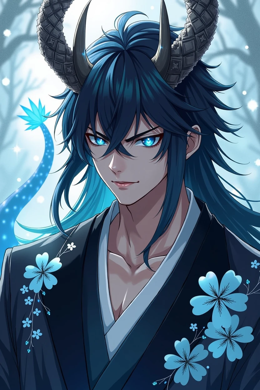 (handsome man with long black hair,Crystal Blue Eyes Japanese Dragon Hybrid,with tail and rounded horns like branches,black haori with sky blue cherry print,anime style blue scales )