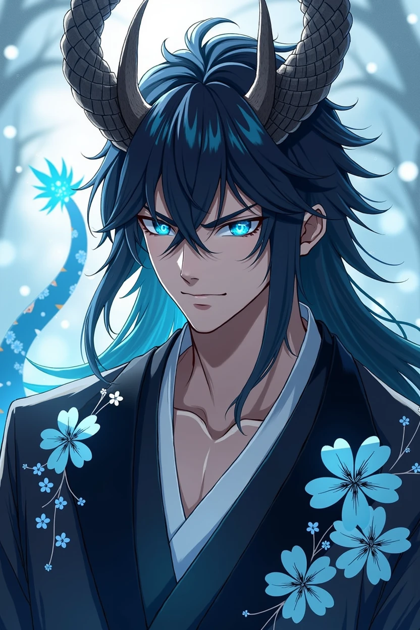 (handsome man with long black hair,Crystal Blue Eyes Japanese Dragon Hybrid,with tail and rounded horns like branches,black haori with sky blue cherry print,anime style blue scales )