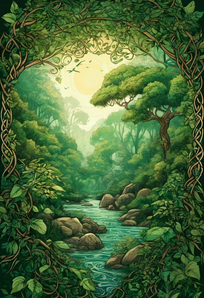 “Design an intricate hand-drawn scene featuring a dense forest with trees and foliage. Incorporate Celtic knotwork patterns into the branches and leaves, creating a blend of natural and cultural elements, detailed, 4k, realistic
