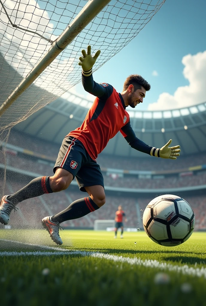 Goalkeeper stopping a ball, with goal in the background
