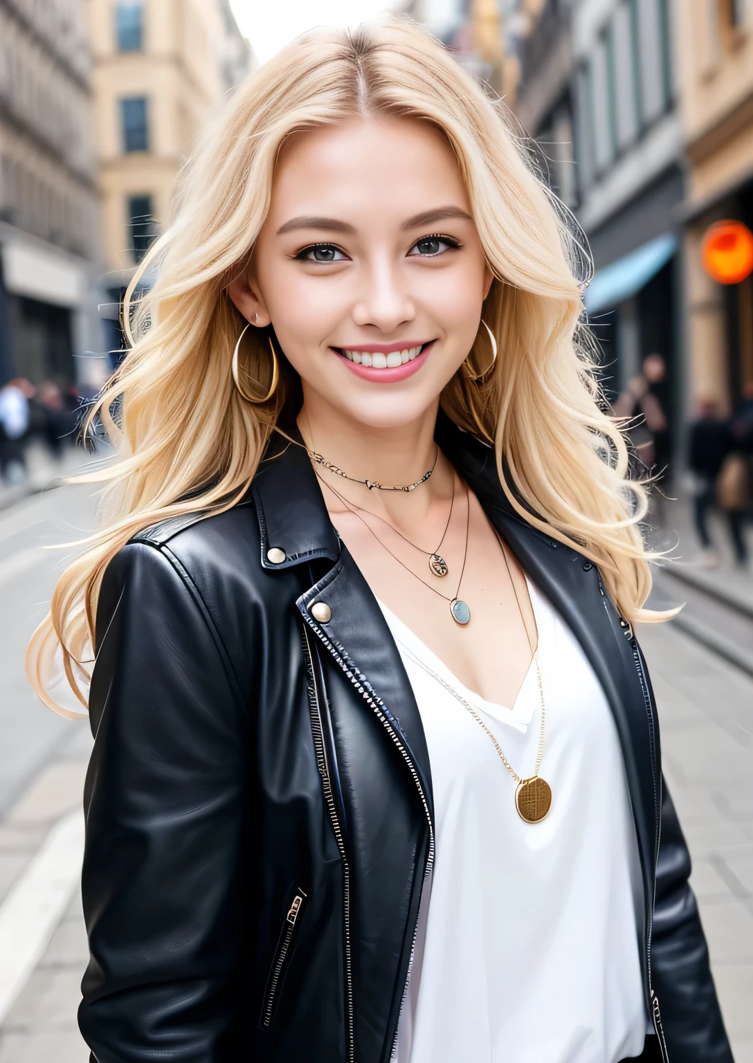 Thin White Woman、smile、Beautiful teeth alignment、Blonde Hair、blue eyes、Wavy Hair、leather jacket、shirt、Ear piercing、Necklace around the neck、The background is a city street