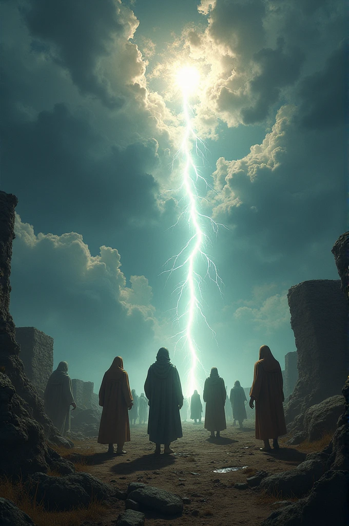 The background of the image shows a cracking sky and a shaking earth., with men rising from their graves. In the midst of chaos, there is a ray of light coming down from the sky, symbolizes the great resurrection. People are depicted standing with looks of surprise and worry., waiting for what will happen next.