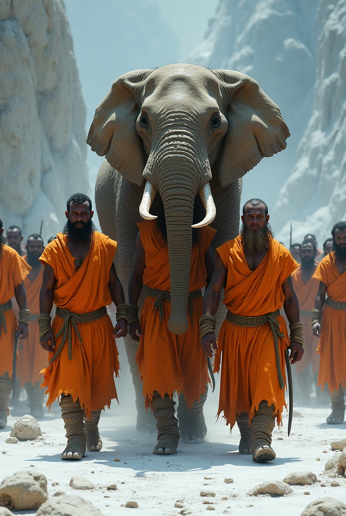 Few people of ice age with orange costumes carrying the head of a dead elephant 