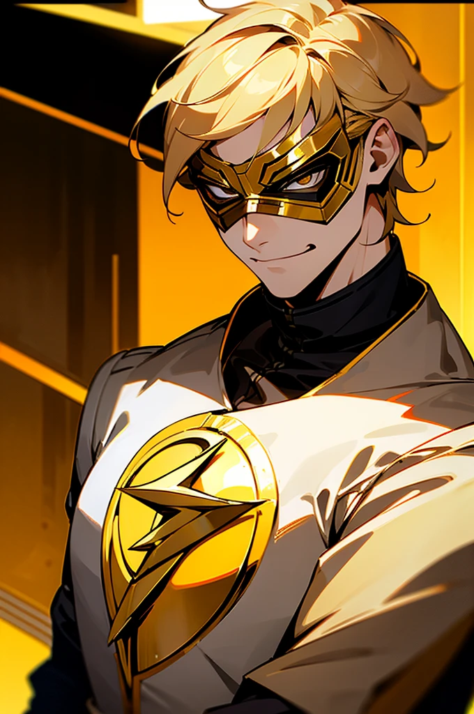 blonde hair, short hair, serious face, short hair, messy hair, street background, mature male, lean build, white and gold super hero outfit, golden mask covering eyes, flash symbol on shirt, big flash symbol, smirking, orange lighting around person
