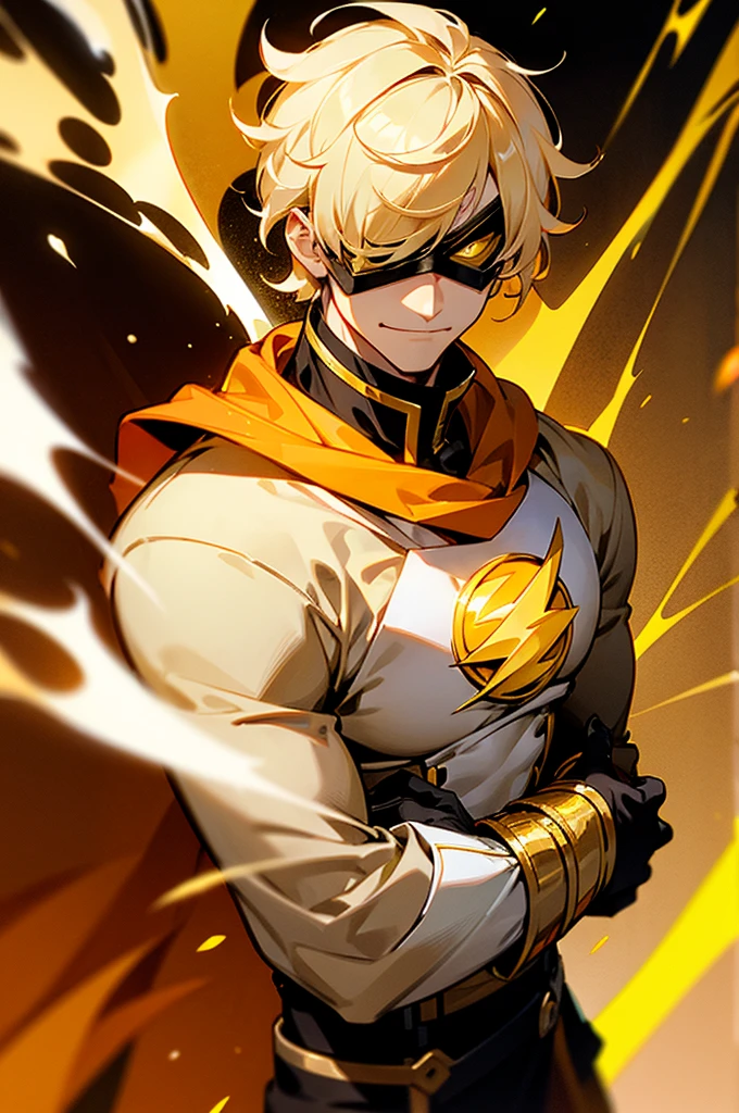 blonde hair, short hair, serious face, short hair, messy hair, street background, mature male, lean build, white and gold super hero outfit, golden mask covering eyes, flash symbol on shirt, big flash symbol, smirking, orange lighting around person
