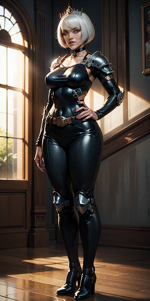 Rendering and Quality
Unreal Engine
Octane render
8k resolution
Ultra sharp
Intricate ornaments
Highly detailed
Character Appearance
Robot, GEAR, android
Female, 1 person, solo
Full body, whole body
Standing, hands on hips
White bob haircut
Black gas mask
Mechanical body
Yellow bright eyes
Leather choker
Big belt
Bracers
Tiara
Perspective and Composition
View from below
Feet together