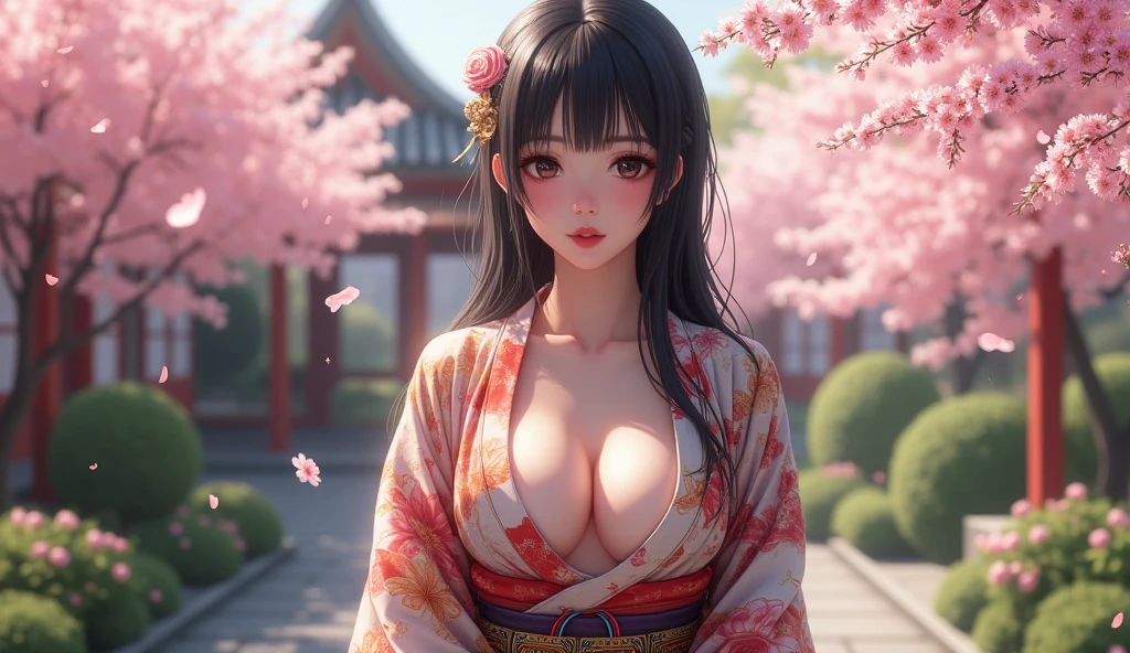 
beautiful japanese woman with big breasts in revealing kimono сад сакура