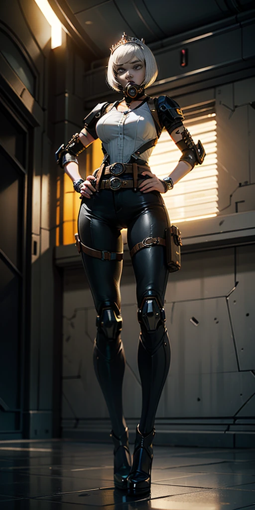 Unreal Engine, Octane render, 8k, ultra sharp. Intricate, highly detailed robot girl with a mechanical body, yellow bright eyes, and a white bob haircut covered by a black gas mask. She is standing solo, full body, with hands on hips, feet together, viewed from below. Features a leather choker, big belt, bracers, and a tiara.