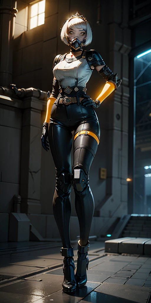 Unreal Engine, Octane render, 8k, ultra sharp. Intricate, highly detailed robot girl with a mechanical body, yellow bright eyes, and a white bob haircut covered by a black gas mask. She is standing solo, full body, with hands on hips, feet together, viewed from below. Features a leather choker, big belt, bracers, and a tiara.
