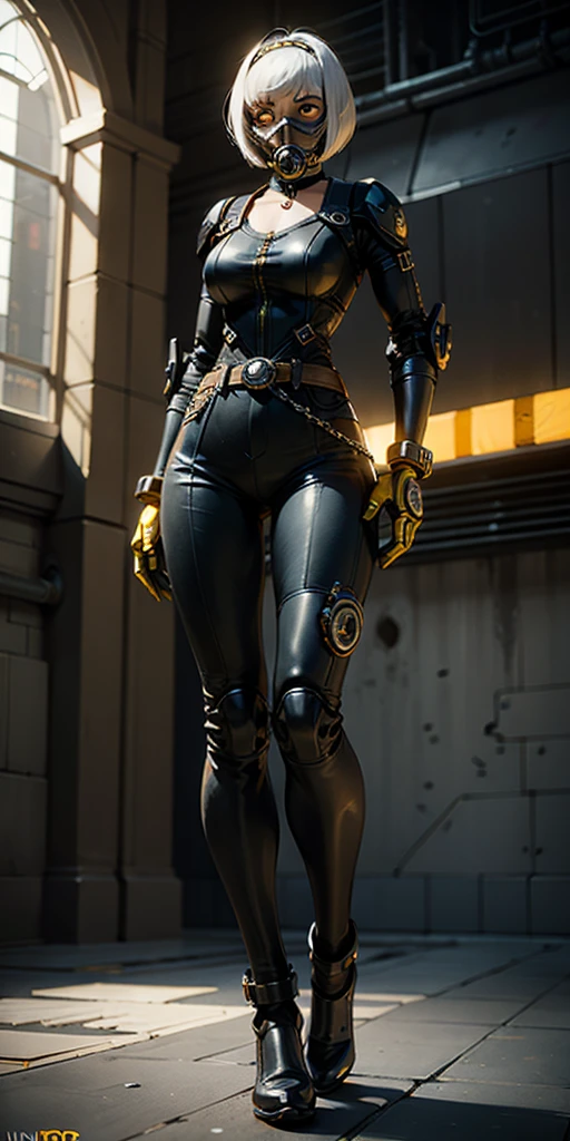 Unreal Engine, Octane render, 8k, ultra sharp. Intricate, highly detailed robot girl with a mechanical body, yellow bright eyes, and a white bob haircut covered by a black gas mask. She is standing solo, full body, with hands on hips, feet together, viewed from below. Features a leather choker, big belt, bracers, and a tiara.