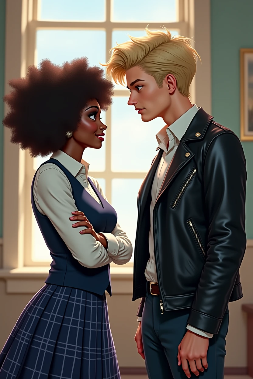 a black woman, with curly hair, with arms crossed, wearing a school uniform, type navy blue plaid skirt and a formal blouse with a vest also axul on top. She looks at the boy with a more humorous face....
The boy has blond hair, with rebellious curls. He is white, wears formal wear with a black leather jacket, while looking at the woman with a mocking look.
The man is taller than the woman. The guy has the badboy style