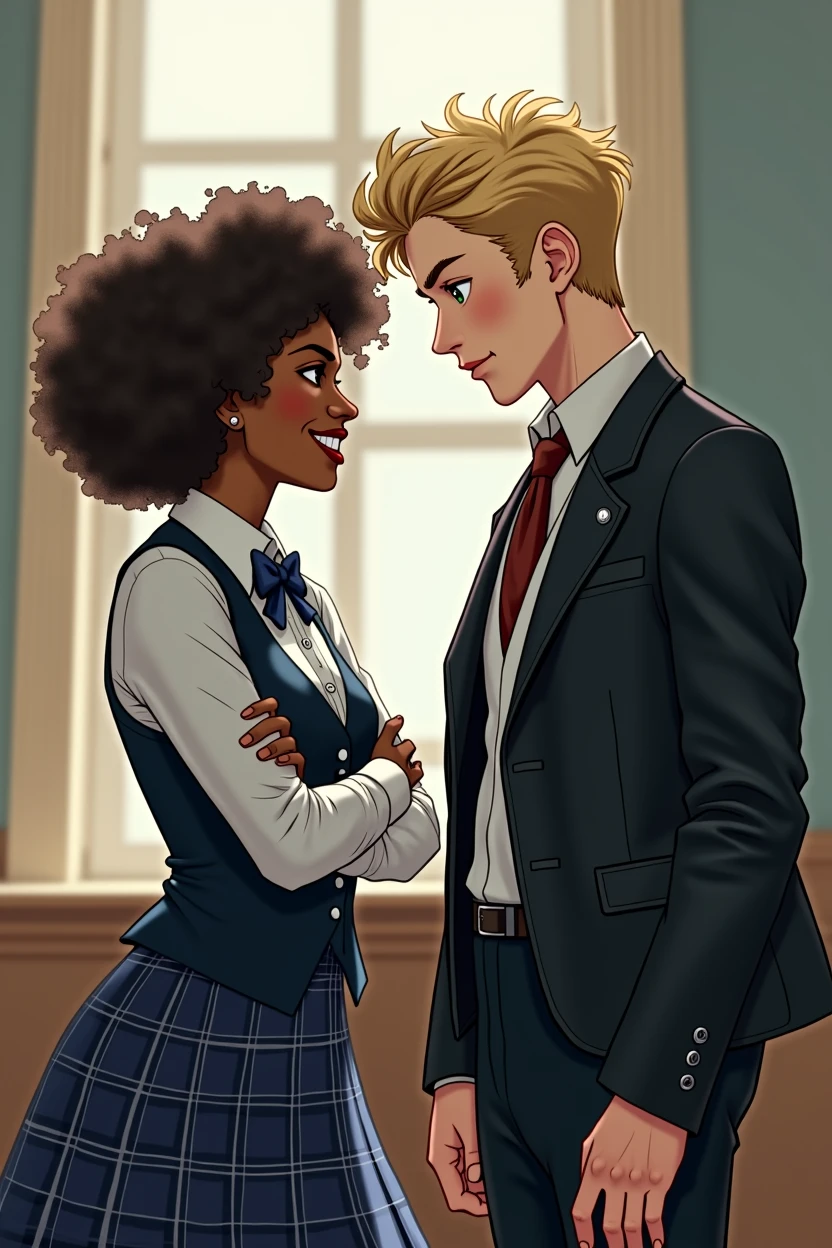 a black woman, with curly hair, with arms crossed, wearing a school uniform, type navy blue plaid skirt and a formal blouse with a vest also axul on top. She looks at the boy with a more humorous face....
The boy has blond hair, with rebellious curls. He is white, wears formal wear with a black leather jacket, while looking at the woman with a mocking look.
The man is taller than the woman. The guy has the badboy style