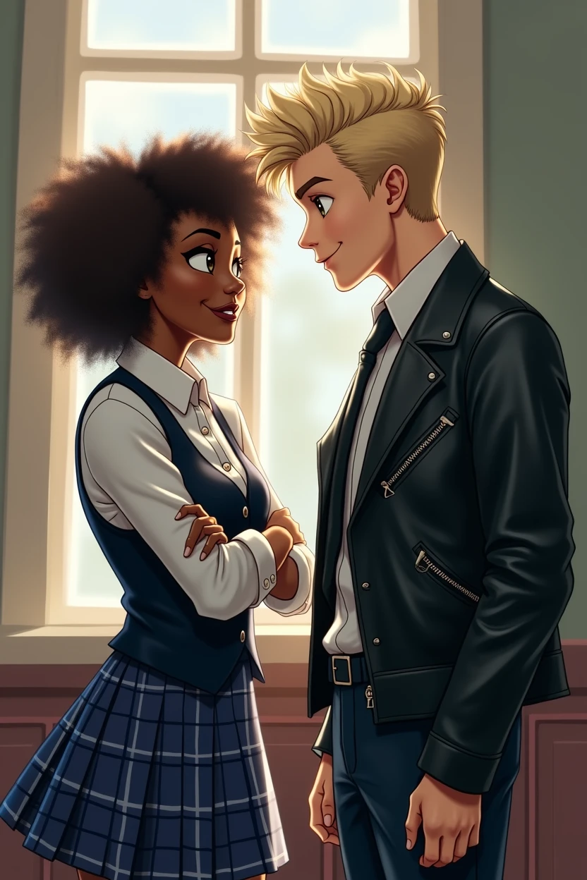 a black woman, with curly hair, with arms crossed, wearing a school uniform, type navy blue plaid skirt and a formal blouse with a vest also axul on top. She looks at the boy with a more humorous face....
The boy has blond hair, with rebellious curls. He is white, wears formal wear with a black leather jacket, while looking at the woman with a mocking look.
The man is taller than the woman. The guy has the badboy style