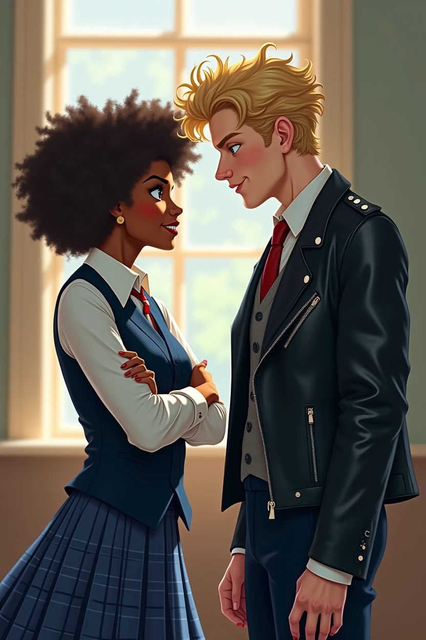 a black woman, with curly hair, with arms crossed, wearing a school uniform, type navy blue plaid skirt and a formal blouse with a vest also axul on top. She looks at the boy with a more humorous face....
The boy has blond hair, with rebellious curls. He is white, wears formal wear with a black leather jacket, while looking at the woman with a mocking look.
The man is taller than the woman. The guy has the badboy style